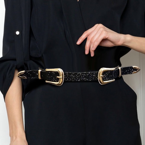 Accessories - Black Rhinestone Pave Double Metal Buckle Statement Belt